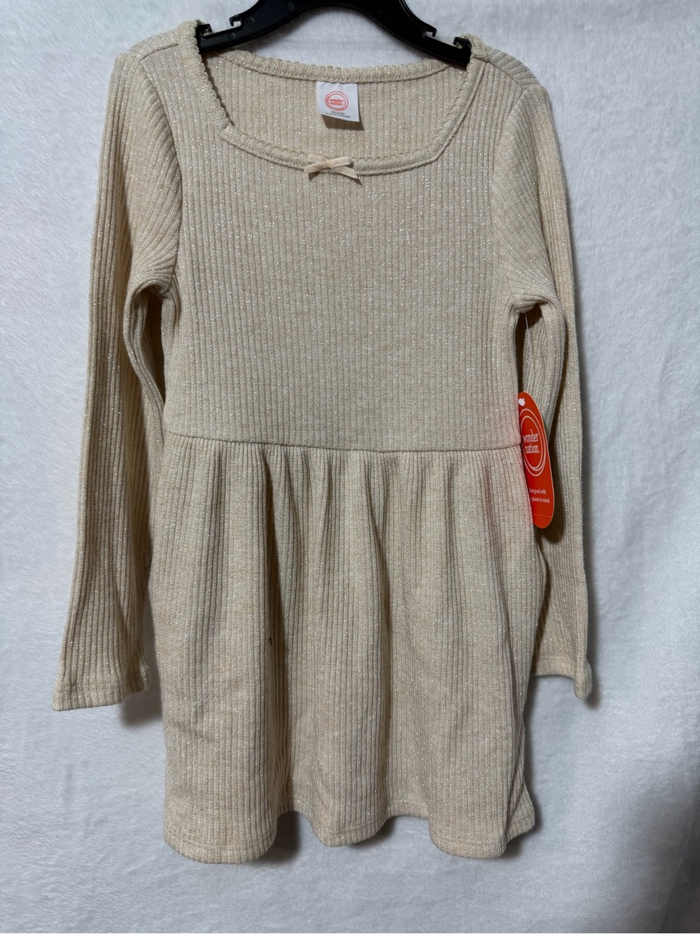 Girls Long-Sleeve Cream Knit Peplum Dress